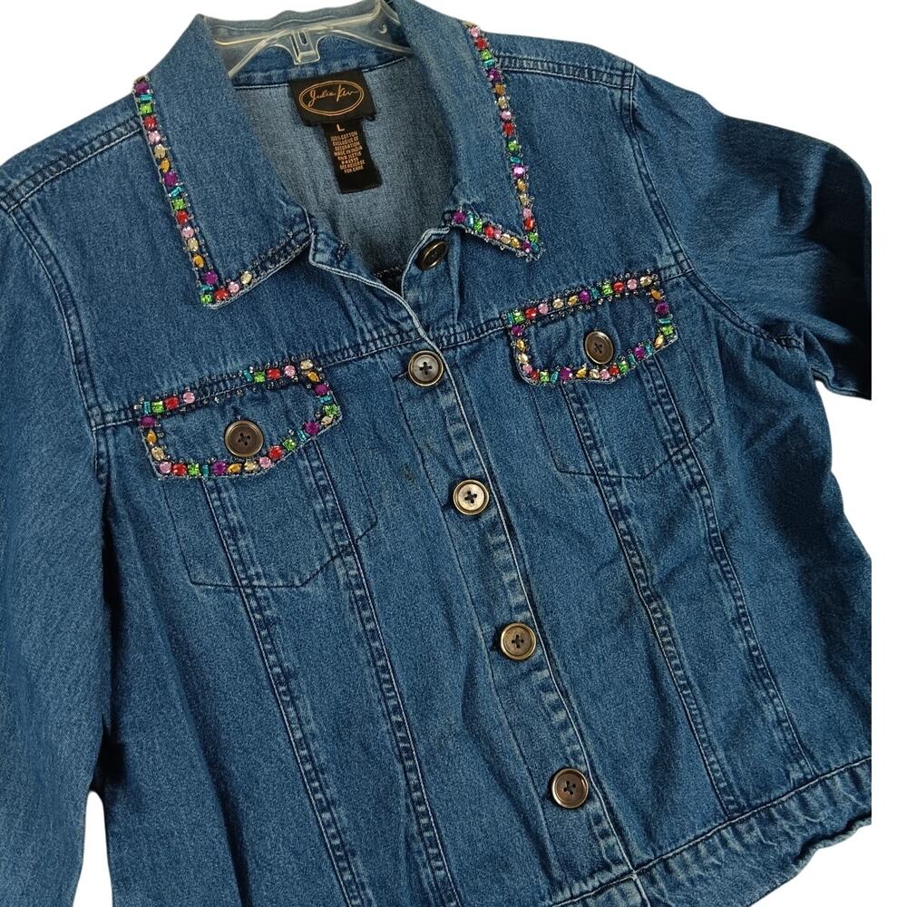 Julia Kim Vintage Denim Shirt Jacket Womens Large Blue Rhinestone Trim Button Up